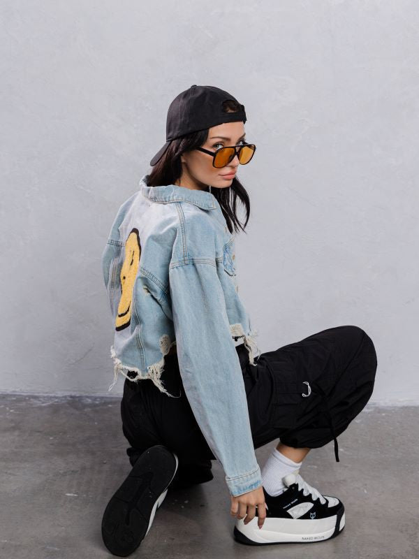 "Good Day" Cropped Distressed Denim Jacket