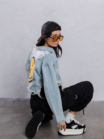 "Good Day" Cropped Distressed Denim Jacket