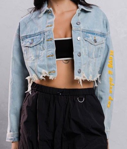"Good Day" Cropped Distressed Denim Jacket