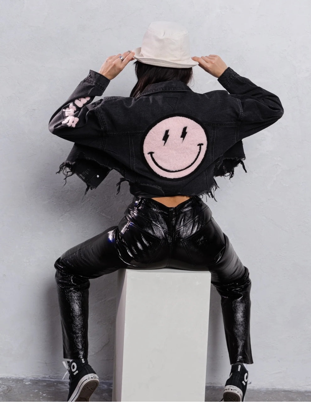 "Good Day" Cropped Distressed Denim Jacket